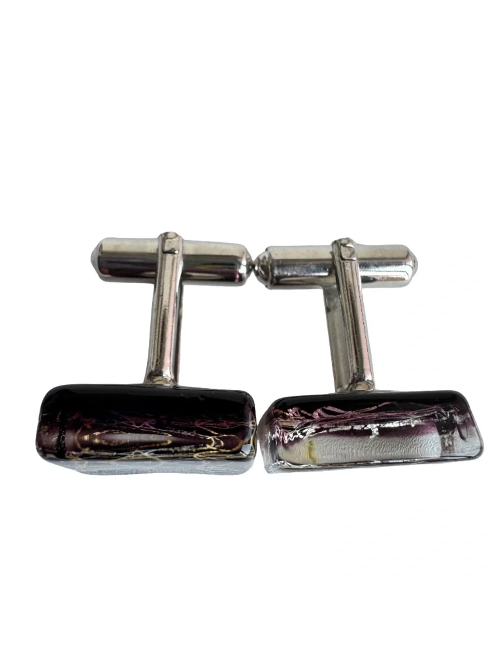 Vintage Purple Art Glass Cufflinks Gold Silver Foil Chunky Square Modernist Gift
